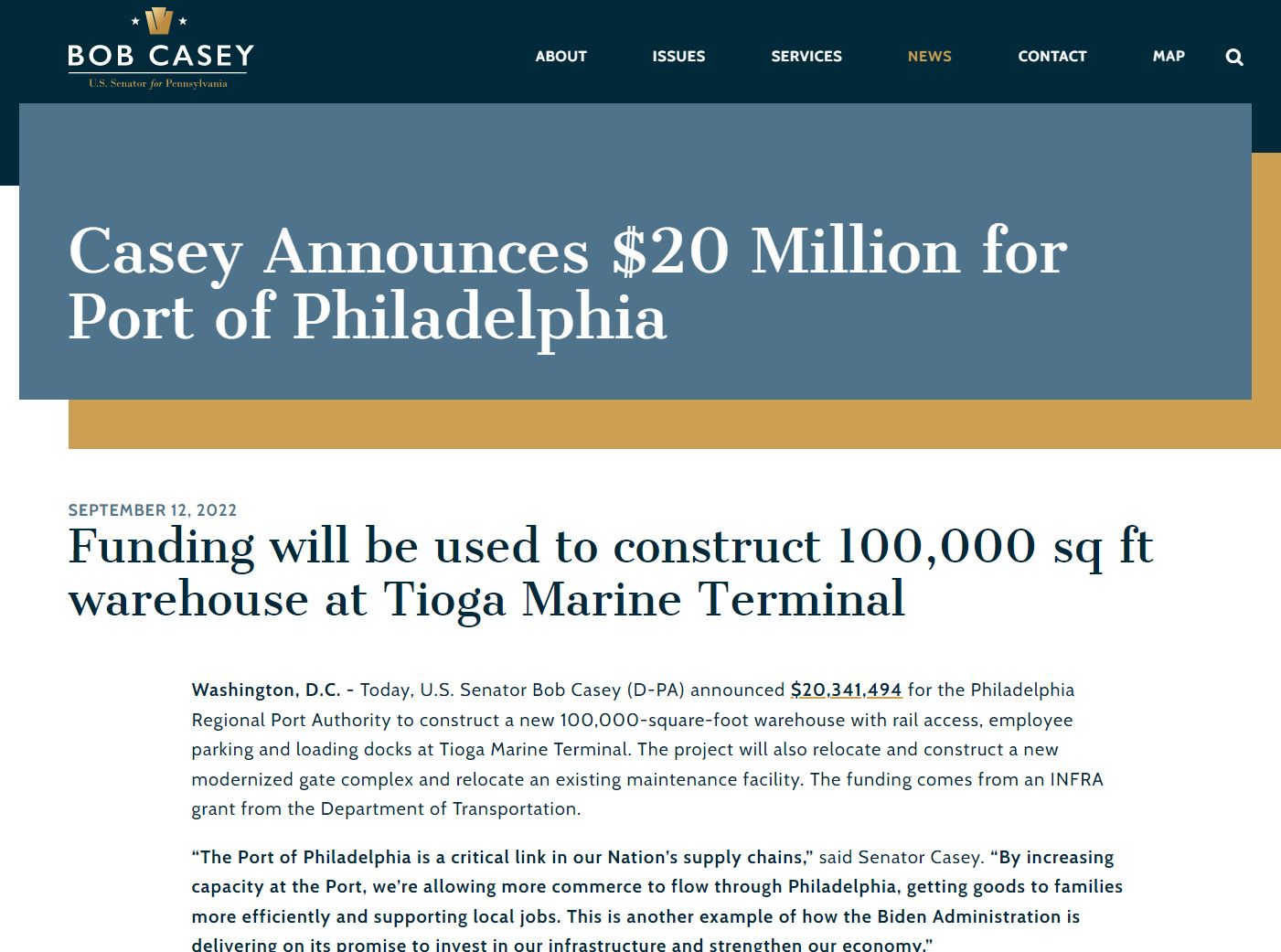 Casey Announces $20 Million for Port of Philadelphia
